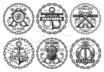 Seafarer and shipbuilders, navy and nautical vector icons. Crossed anchors, antique diving mask, trident and metal chains, ompass and steering wheel, life belt and rope