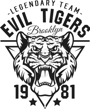 Evil tigers, roaring animal muzzle isolated sport team mascot. Vector t-shirt print, sport team symbol. Wild tiger tattoo design, talisman or emblem of sporting club
