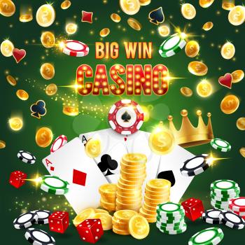 Casino symbols, big win in gambling games. Vector poker playing cards and golden crown, stacks of blackjack chips and slot machine coins. Four aces spades and hearts, diamonds and clubs, gaming hobby