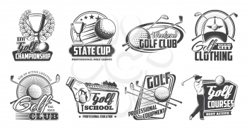 Golf club equipment and payers, vector icons. Sport game items ans cup award with laurel wreath. Tee course, golfing cart, ball on tee, hole and flag, sporting competition