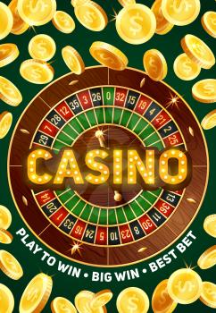 Casino roulette wheel and money stakes. Vector golden coins, play to win, best bet of fortune. Risk in game of luck, chips and easy earning symbol, gamblers club, win of jackpot