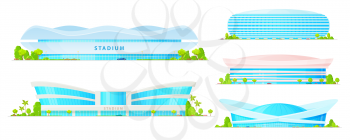 Stadium and sport arena buildings of soccer, football, basketball and baseball, athletic tracks and fields vector icons. Architecture of modern city, sporting constructions with glass facades, lights