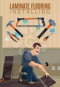 Builder, carpenter or joiner installing laminate flooring with work tools vector design. Cartoon man laying laminate panels with hammers, screwdriver and saw, pliers, tape measure and ruler