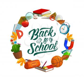 Back to school education banner, student pencil, notebook and study supplies. Vector welcome back to school lettering and classes items, clock, chemistry test and geography globe, scissors and apple