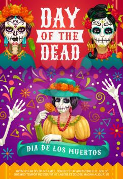 Day of Dead Mexican Dia de los Muertos party poster of woman calavera skull with marigold flowers wreath. Vector Dia de Los Muertos fiesta celebration, skeleton bones and Mexican pattern ornament