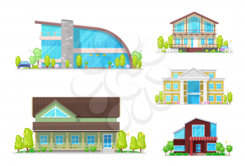 Buildings of home, house and cottage, villa and mansion vector icons of real estate, architecture, town and village property design. Residential houses with modern glass facades, windows and doors