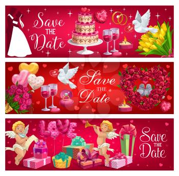 Save the date and wedding day, engagement ceremony symbols. Vector dancing bride and groom, presents gifts on marriage party, food and drinks. Wine glasses and cake, cupids and flowers, doves couples