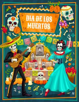 Day of the Dead vector greeting card with Mexican sugar skulls and skeletons of mariachi and Catrina, festival sombrero, guitar and altar, marigold flowers, flag and bunting. Death holiday theme