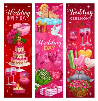 Wedding day, invitation on marriage ceremony, calligraphy lettering. Vector engagement ring, holiday cake and glasses of wine, gifts and flower bouquets. Lilies and cupid on cloud, couple of doves