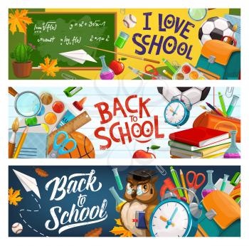 Back to school, owl in glasses and graduate cap, education supplies and student bag. Vector I love school banner with pencil, notebook, owl teacher in glasses and clock, watercolors and paper plane