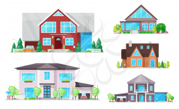 Buildings vector design of house, home, cottage and villa icons. Town and village properties, double storey houses with windows, doors and roofs, garages, garden trees and lights. Real estate themes