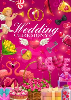 Wedding gifts, rings and flowers vector design of marriage or engagement ceremony invitation. Love hearts, bridal bouquets and chocolate cake, balloons, candy and Cupid, key, lock and couple of birds