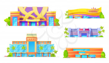 Casino buildings isolated exterior design with parking zone. Vector gambling game palaces, nitghclubs to play poker, entertainment establishments. Facade of modern architecture, gambling houses