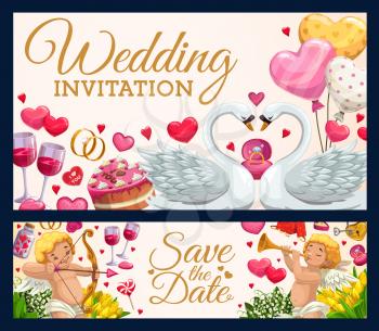 Wedding invitation calligraphy, Save the Date marriage ceremony hearts and cupid angels. Vector wedding rings, flowers and kissing swans, balloon hearts and cakes, wine glasses and lollipops