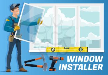 Window installer profession, home windows installation service company. Vector carpenter worker with hand tools, electric drill hammer and ruler level install glass frames in house