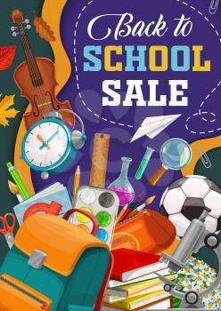 School sale poster, student education supplies, classes books, pens and pencils. Vector back to school store promo for college biology microscope, watercolors and ruler, scissors and student bag