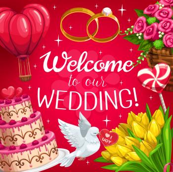 Wedding rings, love heart and cake vector invitation. Bridal bouquets of rose and tulip flowers, candy, dove bird and floral basket, decorated with sparkles. Marriage and engagement ceremony design