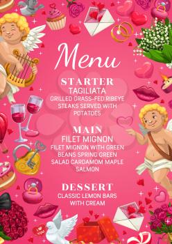Wedding day menu template, starter, main course and desserts. Vector engagement party accessories, flying cupids and doves, rose lily flower bouquets. Lips kiss and engagement rings, letters of love