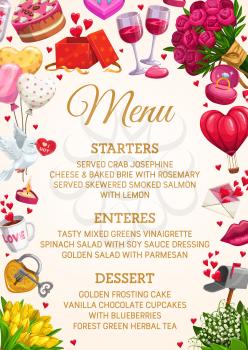 Wedding menu card in heart balloons, roses flowers, and marriage gifts frame. Vector wedding party menu dishes, wine glasses, cakes and golden diamond rings, love message envelope, key and lock