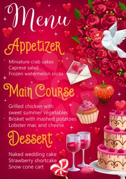 Menu on wedding day, food and drinks. Vector appetizer and main courses, desserts on marriage party celebration. Flower bouquet and raspberry in chocolate, flying dove and cake or cupcake, lollipop