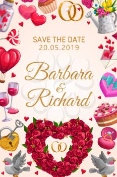 Save the Date, wedding invitation with heart or roses flowers, bride and bridegroom names calligraphy. Vector golden wedding ring with diamonds, birds and heart balloons, wine and cake