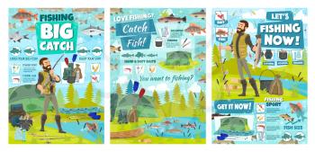 Fishing sport, fisherman tackle and tourism equipment vector posters. Fisherman and angler, fish catch and fishing boat, rod, hook and bait, tuna, salmon and perch, tent, knife and paddles