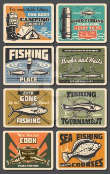 Fishing sport, tourism and camping equipment retro posters with vector fish, fishing camp tent, salmon and flounder, backpack, campfire pot and fisherman boots. Outdoor activity and hobby themes