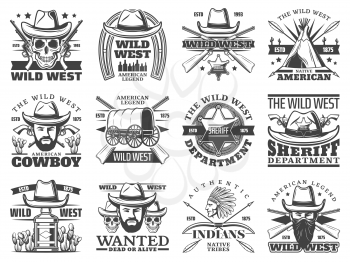 Wild West cowboy, skull, sheriff and western bandit vector icons. Bearded men with hats, guns and Texas ranger star badge, indian chief, old wagon and revolvers, horseshoe, arrows and bows