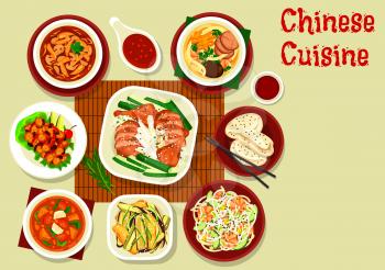 Chinese and asian cuisine meal of meat, vegetables and seafood vector design. Shrimp noodles and bean salads, baked duck in sweet sauce, chicken and veggies soups, steamed bun, beef with mushroom