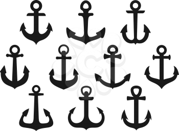 Nautical anchor black silhouettes vector design. Sea ship and marine sailboat anchor isolated icons. Maritime transportation and navy heraldry symbols, marine travel and adventure themes