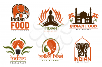 Indian restaurant of Asian cuisine food vector icons of man with mustache, beard and turban, Taj Mahal palace and yoga pose, indian chef, elephant and lotus flower. Emblems and signboards design