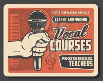 Vocal courses and choir lessons vector design of hand with microphone and synthesizer, musical notes and treble clef. Retro poster of music education and musician school themes