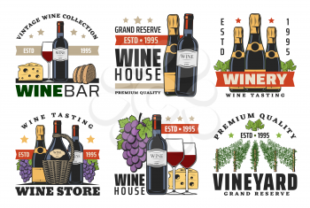 Wine shop and winery vector icons with wine bottles, glasses and grapes, champagne, cheese, bread and vineyard vines. Alcohol drink and snack food design