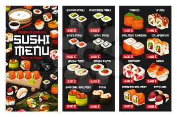 Sushi menu vector template of Japanese cuisine seafood and rice dishes. Asian salmon and tuna sushi rolls, seaweed and shrimp nigiri, prawn temaki and avocado maki with chopsticks, wasabi, soy sauces