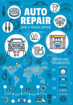 Auto repair, wash and diagnostics vector infographics of cars and trucks service design. Time chart and graph with spare parts and mechanic tools, world map with pointers, wheel, tire and motor oil