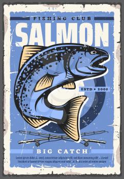 Fishing sport club retro poster of salmon fish, fisherman rods and hooks. Vector fisher tackle, spinning and baits with catched sea fish, outdoor activity and recreation design