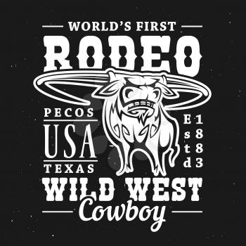 Rodeo bull t-shirt print of longhorn cow or ox on black background with vector lettering Wild West Cowboy. Apparel fashion and uniform jersey of rodeo sport design