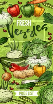 Fresh vegetables and beans vector design with sketches of pepper, carrot and cabbage, onion, potato and zucchini, green pea, kohlrabi and leek, patty pan squash and cucumber. Farm veggies price list