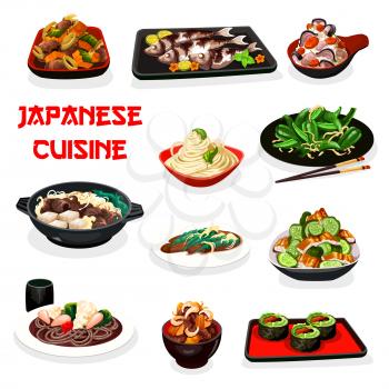Japanese cuisine fish and meat dishes served with noodles and rice. Vector sushi rolls, beef vegetable stew, cucumber eel and green pepper salads, baked mackerel and scallop with beans