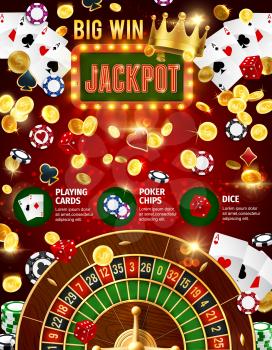 Casino jackpot 3d vector poster of gambling game roulette, dice and chips, poker playing cards and gold coins, decorated with golden crown and marquee banner. Online casino, game of chance design