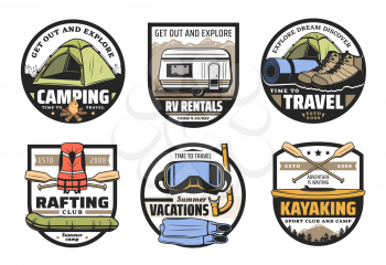 Mountain camping, summer vacation adventure and travel, rafting and kayaking sport club vector icons. Camp tent, hiking boots and tourist equipment, campfire, boat, kayak and paddles retro badges