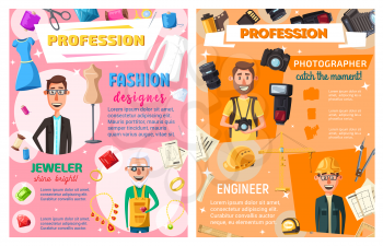 Photographer, fashion designer or tailor, construction engineer or architect and jeweler, profession and occupation vector design. Cartoon men with photography, building, sewing equipment and jewelry