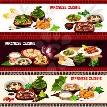 Japanese cuisine vector banners of Asian seafood and meat food. Rice, salmon and tuna sushi, pork mushroom soup, fried tofu cabbage and cauliflower salads, shrimp noodles, grilled fish with vegetables