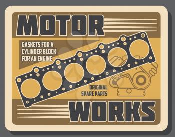 Car engine spare parts vector design of auto repair service and vehicle motor works. Automobile cylinder head gasket with mechanic gear, belt and piston retro poster