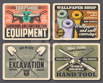 Repair work tools and construction equipment shop retro posters with vector shovels, wheelbarrows and wallpaper rolls, spades, crowbars and rasp files. Hardware store and carpentry workshop promo