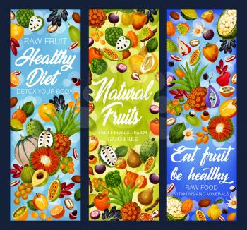 Fruit detox diet vector banners with exotic and tropical berries, health food and dieting design. Tangerine, cantaloupe and dates, kiwano, quince and pandan, physalis, marang, soursop and cherimoya