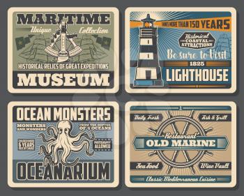 Nautical retro posters with vector sea ships, sailing boats and helm, marine lighthouse, octopus and vintage sextant. Oceanarium ocean monsters, maritime museum and seafood restaurant design