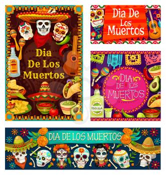 Dia de los Muertos cards with skulls and day of dead symbols. Vector skeleton calavera in sombrero hat, food and drinks, guitar and maracas. Flowers and Mexican ornaments, nachos and red pepper