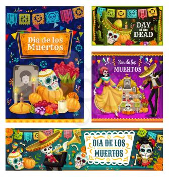 Dia de los Muertos sugar skulls on altar and dancing skeletons vector banners. Mexican Day of the Dead mariachi and Catrina with sombrero, maracas and marigold flowers, cactus, candles and bunting