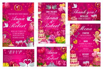 Wedding ceremony invitations, Save the date greeting cards, RSVP and menu template. Vector welcome on engagement party, bride and bridegroom names, bridal attributes. Cake, symbols of love cupids